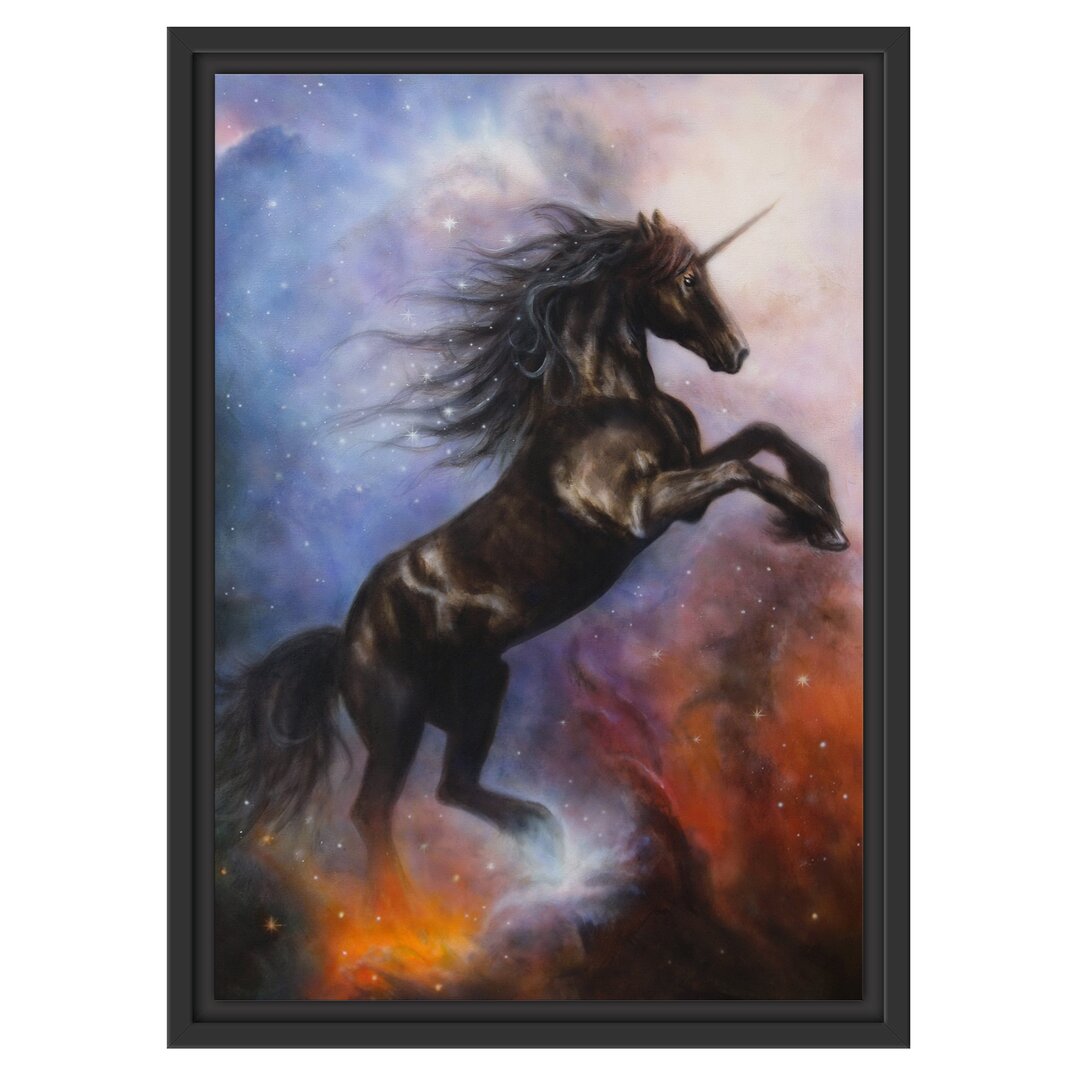 Gerahmtes Wandbild Traumhaftes schwarzes Einhorn