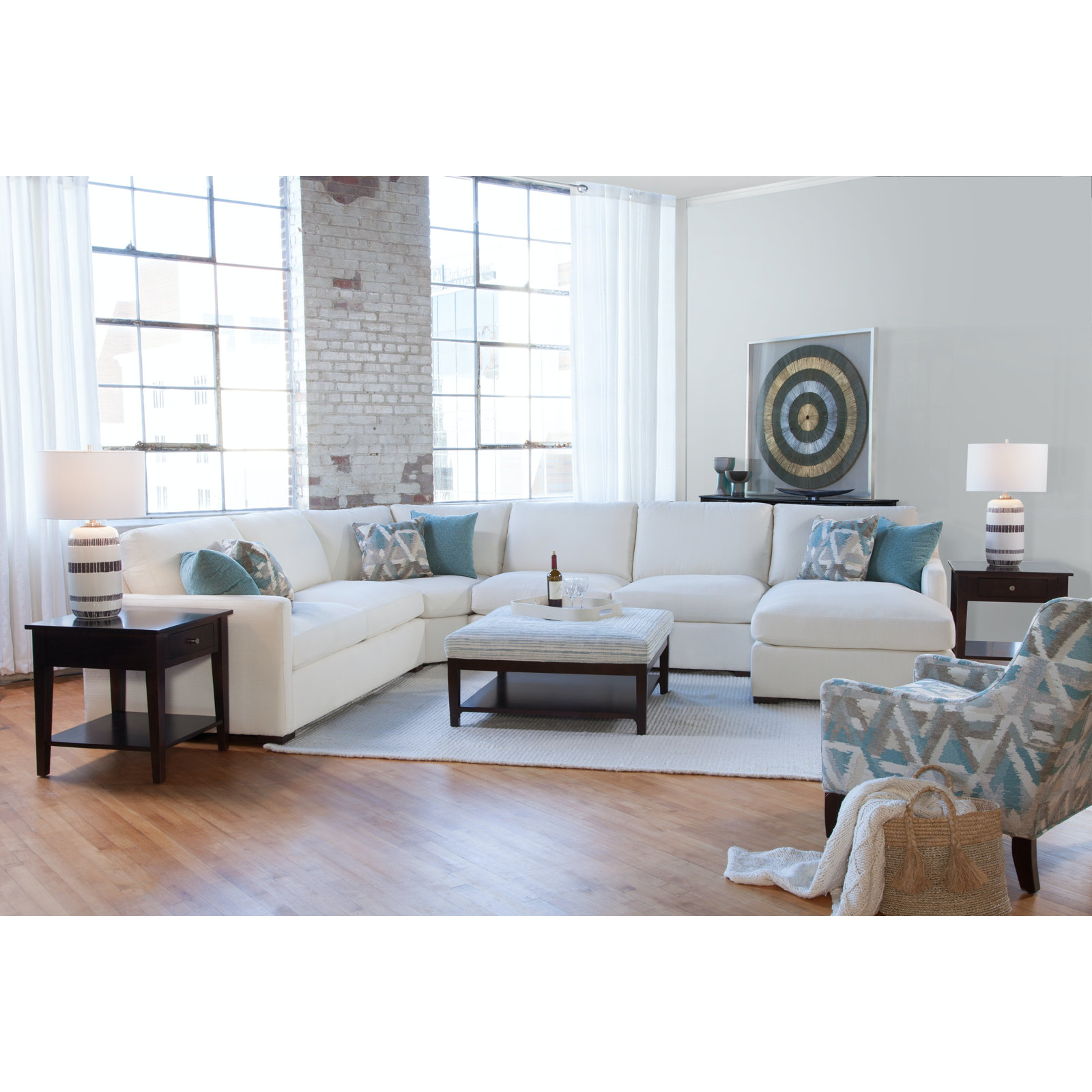 Bel-Air Upholstered L-Sectional, Java Finish, Right Hand Facing, White Textured Performance; 0865-91