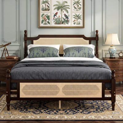 Queen Pine wooden Bed with Rattan Headboard and Footboard, Central Enhanced Bed Platform