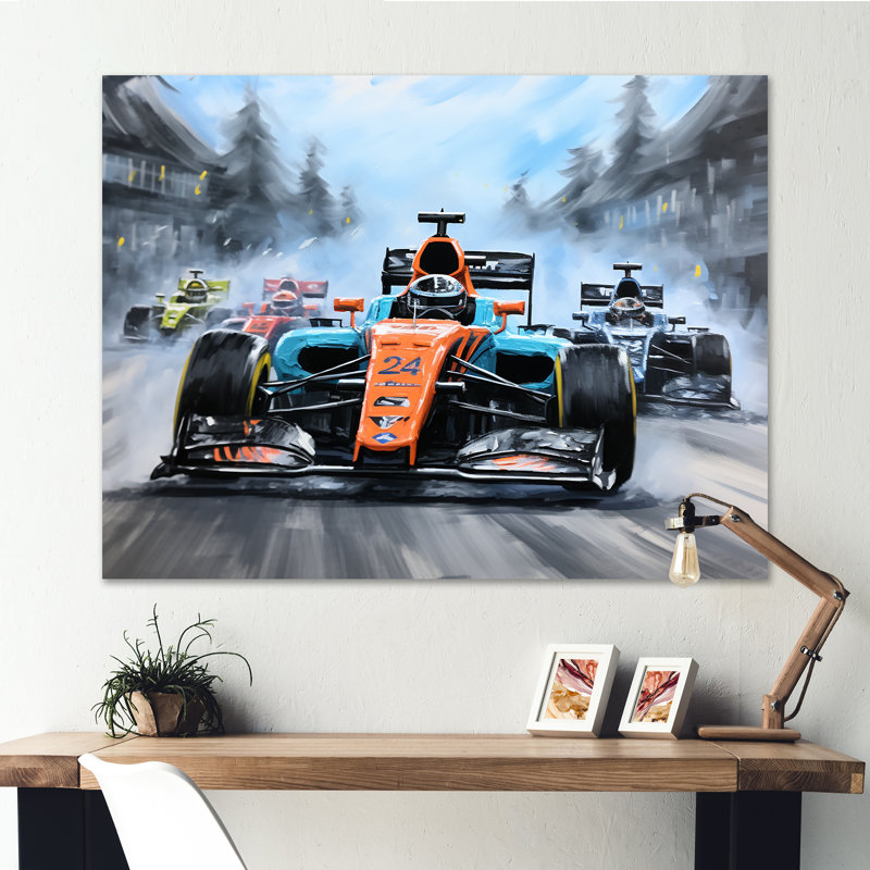 Orange et bleu, voiture de course, art mural, Toile tendue, H 12 po x l 20 po x P 1 po