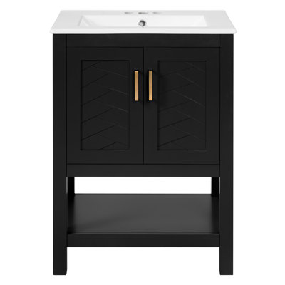 Meuble-lavabo autoportant de 24 po avec lavabo en céramique, armoire de rangement en mélange de bois massif avec conception en sergé 3D et tablette réglable, noir / blanc / bleu