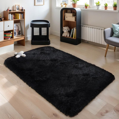 Tapis épais noir moelleux à poils longs 3 x 5 pour la chambre à coucher, tapis moelleux et moelleux lavable, moelleux et antidérapant pour la chambre de bébé