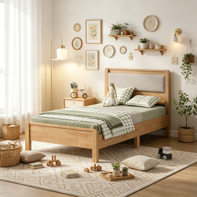 Cadre de lit en bois massif avec tête et pied de lit rembourrés pour enfants et adolescents, lit plateforme rustique et minimaliste avec dégagement sous le lit et sans sommier nécessaire, taille Twin XL, naturel