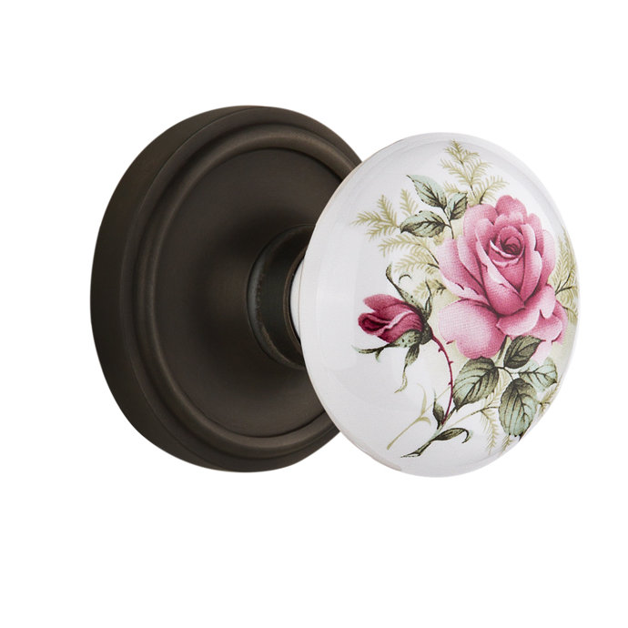 Rosette classique avec bouton de porte en porcelaine blanche, Bronze frotté à l'huile, 2-3/4"