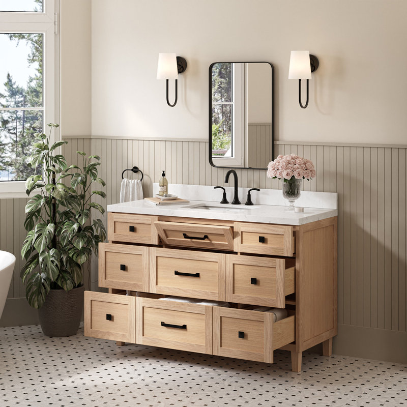 Meuble-lavabo simple en bois massif ARIEL Monroe, Chêne, Carrara White Quartz, 54" - 55"