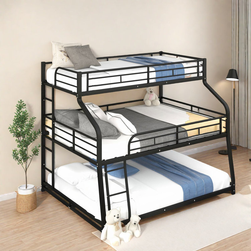 Triple lits superposés en métal peu encombrants, finition noire moderne pour la famille