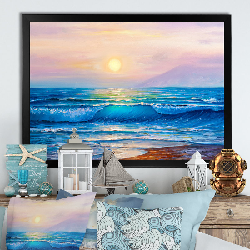 «Ocean Sunset And Waves», reproduction sur toile flottante, H 8 po x l 12 po x P 1 po, Cadre noir