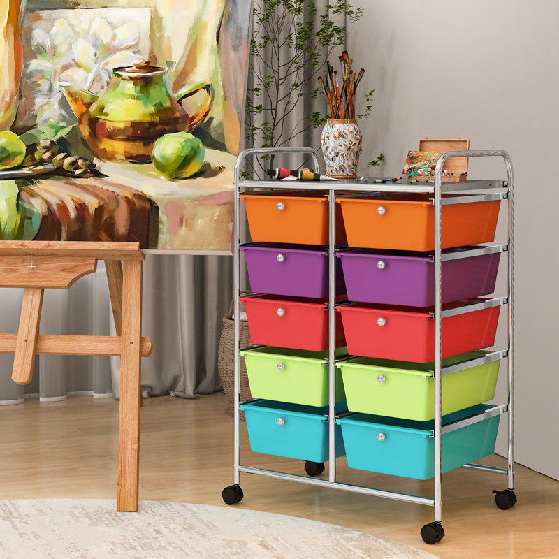 Nally 10 Drawer Storage Drawer with Locking Wheels, Colorful/Silver
