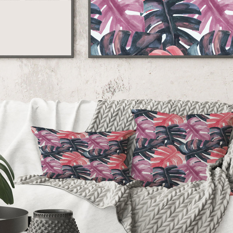 Carré, couleur Monstera On Rough Brush Strokes II - coussin décoratif imprimé tropical, 18" x 18"