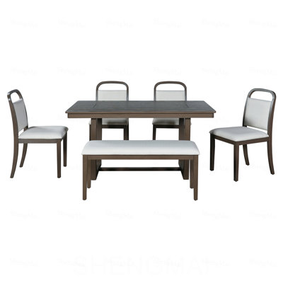 Ensemble de table de salle à manger 6 pièces, table de cuisine de ferme avec 4 chaises rembourrées et 1 banc, sièges pour 6, ensemble de salle à manger rectangulaire pour la salle à manger, cuisine