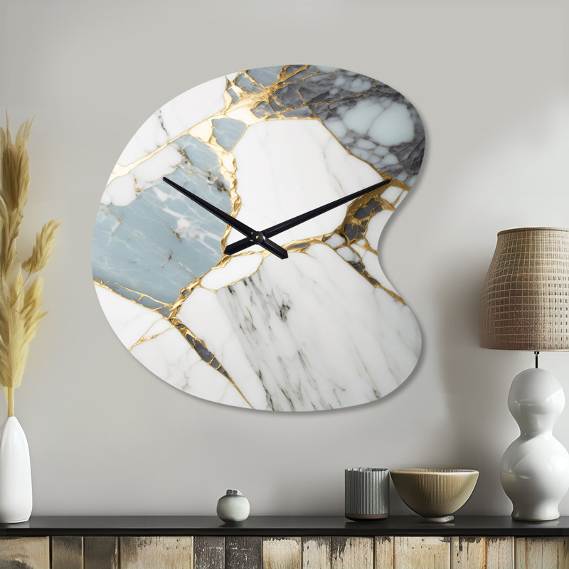 Horloge murale abstraite géométrique en or et blanc I - marbre, Grand