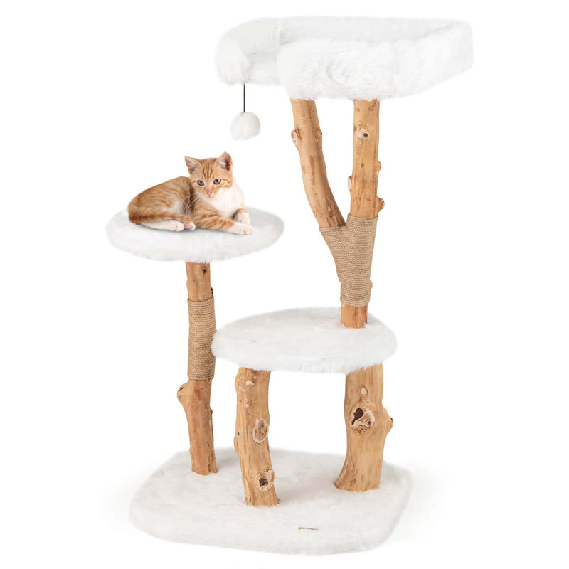 Solid Wood Cat Tree With Perch Natural Jute Scratching Posts Dangling Ball