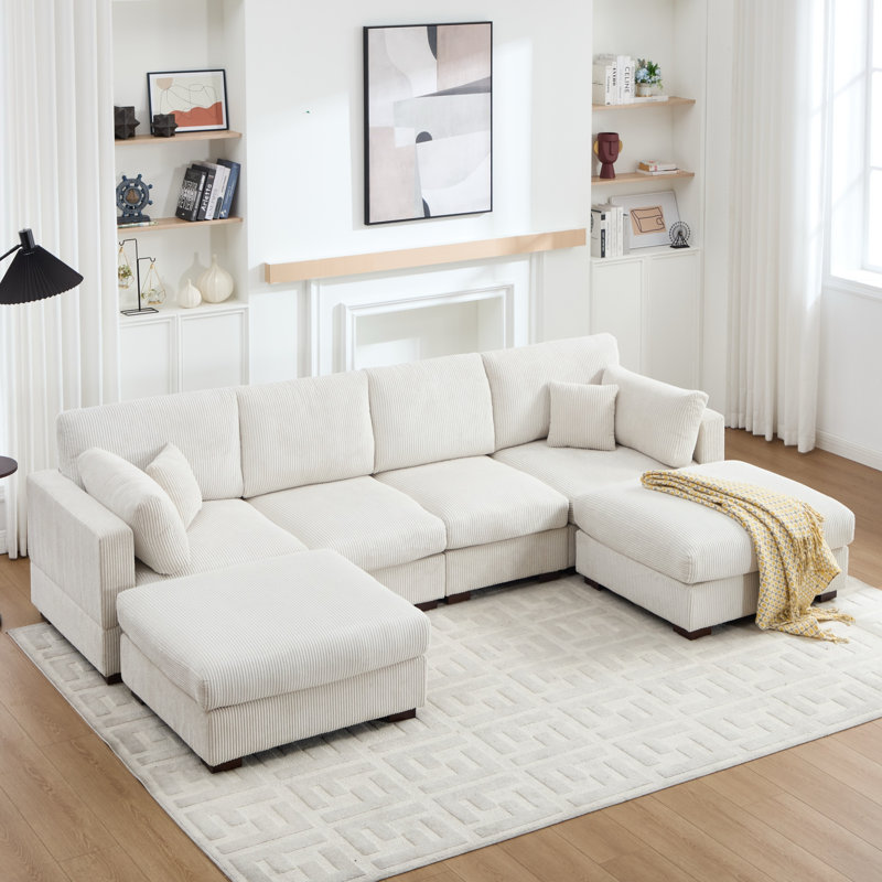 120.47'' Wide Modern Corduroy Sectional Sofa With Ottomans And Two Pillows, Beige Corduroy