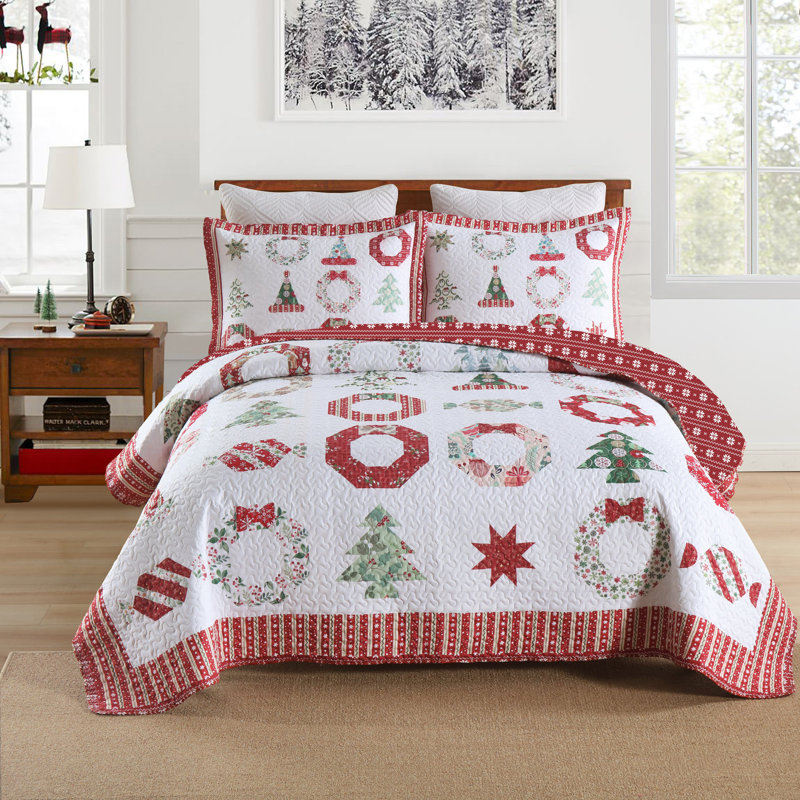 MarCielo 3 Pcs Christmas Quilt Bedspread Set Candy Red BY205, King Quilt + 2 King Pillow Shams
