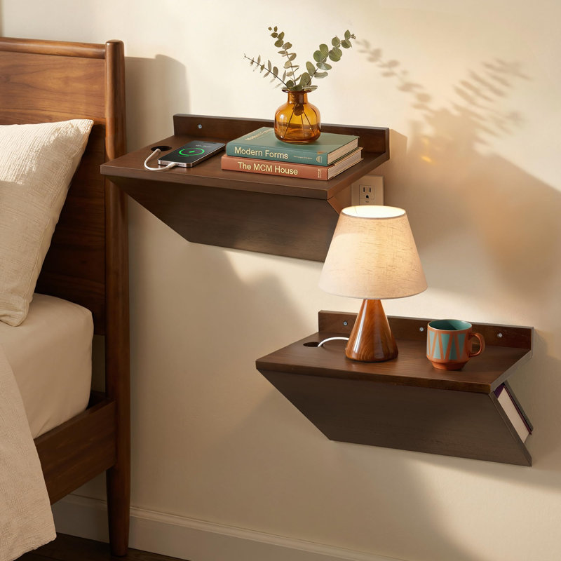 Walnut Floating Nightstands Set of 2, Z-Shape Wood Bedside Table with Hidden Storage, Mid-Century Modern Hanging Shelf for Bedroom Small Space