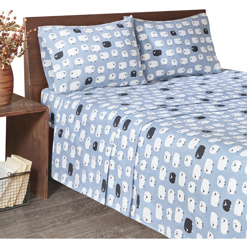 Ensemble de draps en flanelle 100% coton Woolrich, Ensemble de draps pour grand lit avec 2 taies d'or, Bleu, moutons