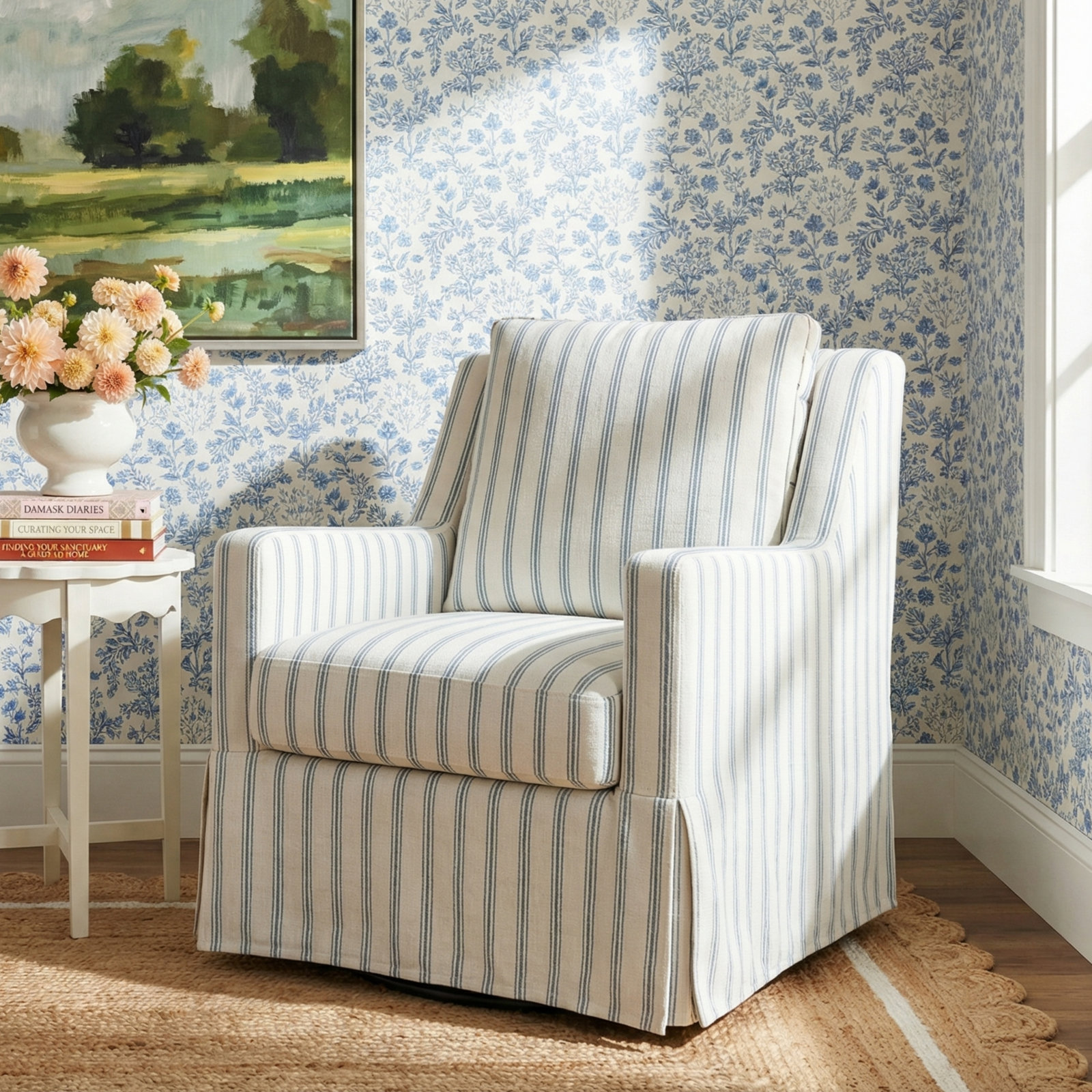 Minni Farmhouse Swivel Rocking Chair, Blue Striped