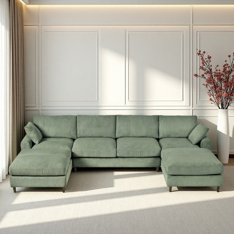 Canapé modulaire moderne en velours côtelé, ensemble de canapé en L convertible en forme de U avec coussin, canapé modulaire surdimensionné avec repose-pieds, convient au salon, au grenier, à un appartement, à 6 sièges vert olive