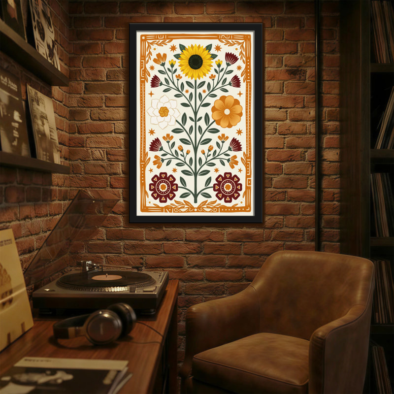 Plantes et fleurs à motif floral avec tournesol et bordures géométriques