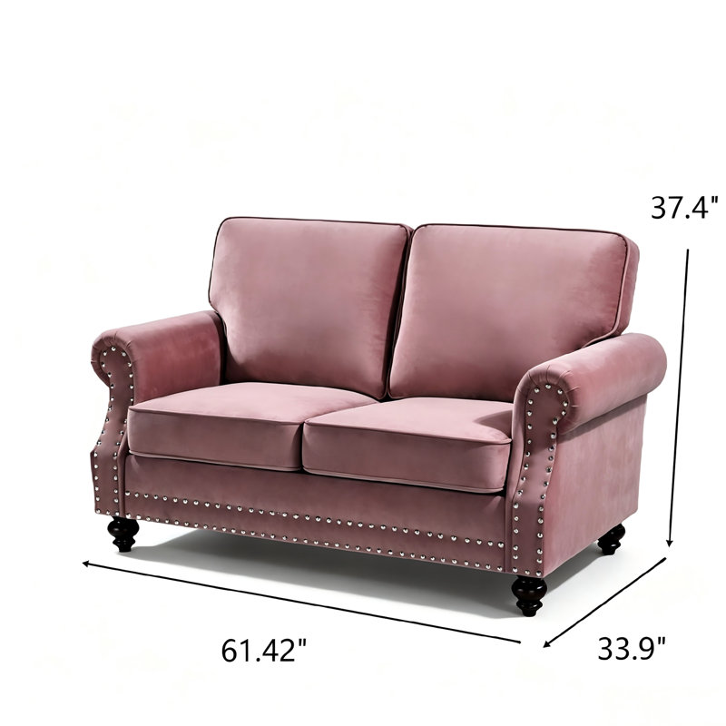 Canapé en velours traditionnel avec garniture cloutée et pieds en bois massif, L 61,42 po, Velours rose, Black