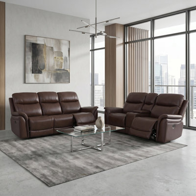 Canapé de salon inclinable en cuir végétalien 2 pièces avec causeuse et porte-gobelets Florentia