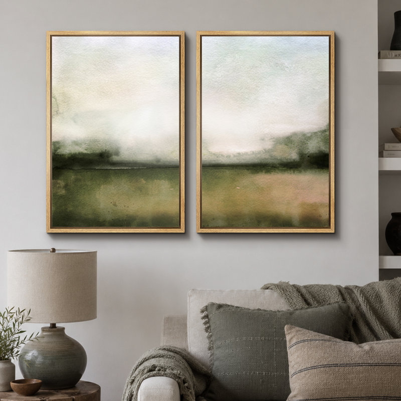 «Minimal Landscape», art à l'aquarelle vert pâle, images murales minimalistes classiques simples, impression sur toile encadrée, ensemble de 2 pièces, 16 x 24 x 2, 24 x 36 x 2
