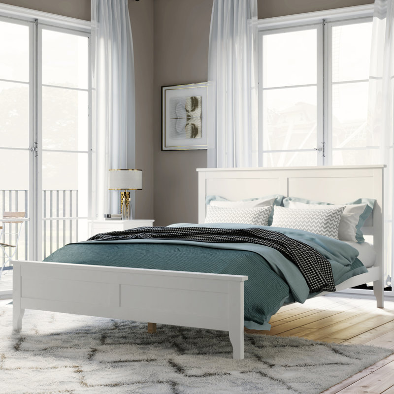 Lit double moderne blanc avec tête de lit améliorée et fabrication en bois de pin, revêtement naturel, usure facile à nettoyer