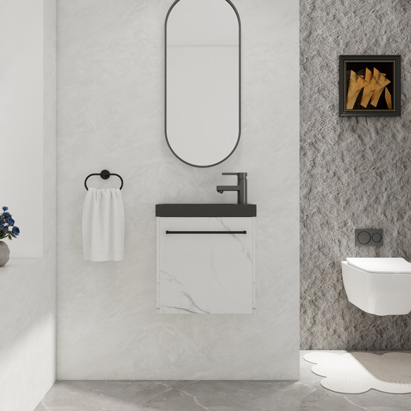 Meuble-lavabo mural compact avec lavabo en résine blanche et tablettes de rangement ouvertes, Noir