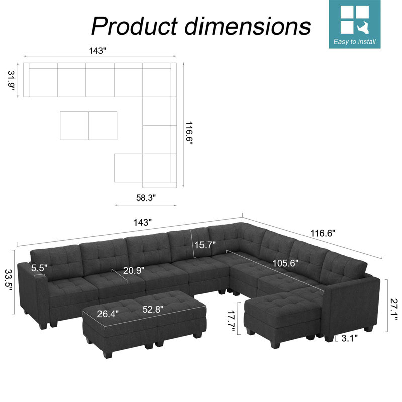 Canapé modulaire rembourré 12 pièces Soneson, Lin gris foncé