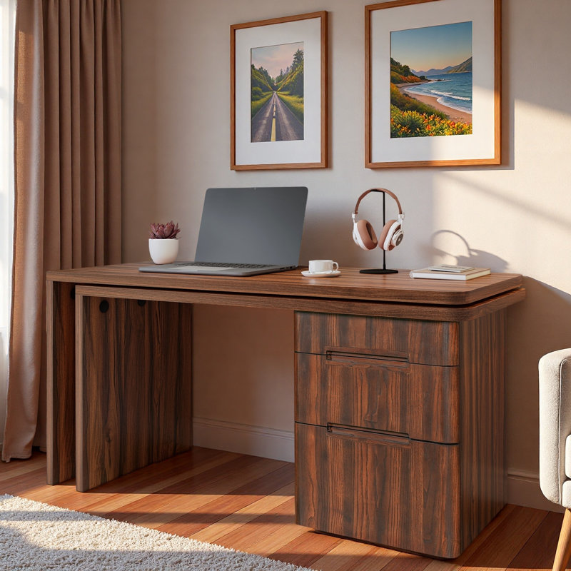 Modern L-shaped Desk With 3 Drawers And 360° Wood Rotating Desk