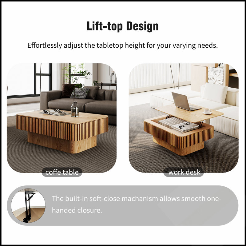 Table basse à plateau relevable cannelé de 38,6 po avec rangement et placage en bois massif à hauteur réglable pour les espaces de vie modernes
