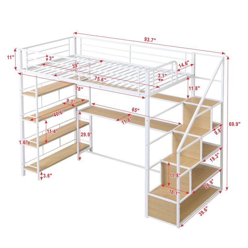 Lit mezzanine simple en métal avec escalier, bureau intégré et tablettes de rangement, blanc compact