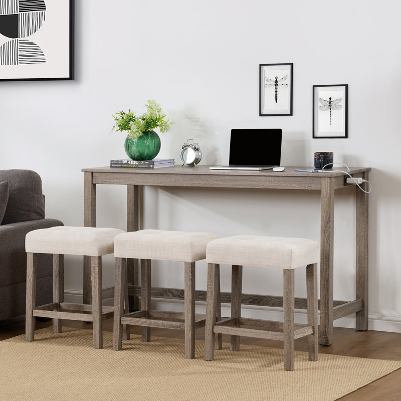 Teneile 59" Wide 3 - Preson Transitional Bar Table Set with Upholstered Tufted Stools and USB Ports, Cream/Beige