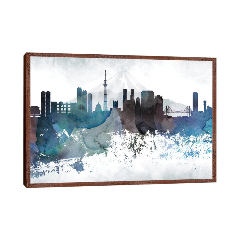 Tokyo Bluish Skylines - Print on Canvas, Classic Brown Wood Framed, 101.6cm H x 152.4cm W x 3.81cm D
