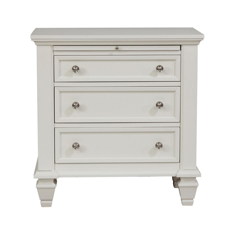Table de chevet 3 tiroirs blanc crème avec plateau coulissant