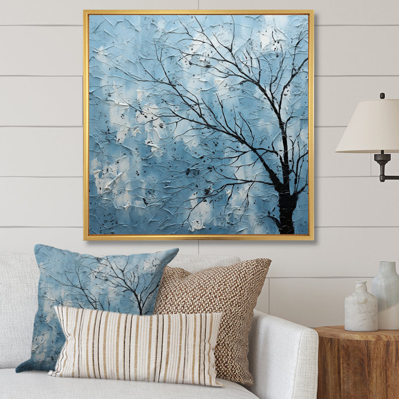 Minimalisme arbre bleu paysage II sur toile, Cadre flottant doré, H 30 po x l 30 po x P 1 po