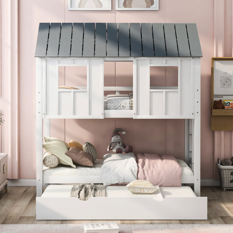 Lit simple superposé avec lit gigogne, toit et fenêtres en blanc et gris, chambre à coucher confortable - pour une utilisation prolongée