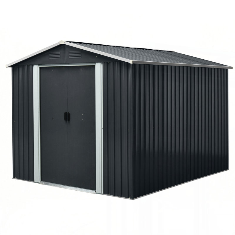 Remise de rangement extérieure en métal 8 pi x 10 pi avec base en bois, noir, H 75 po x l 114,75 po x P 89 po, Noir