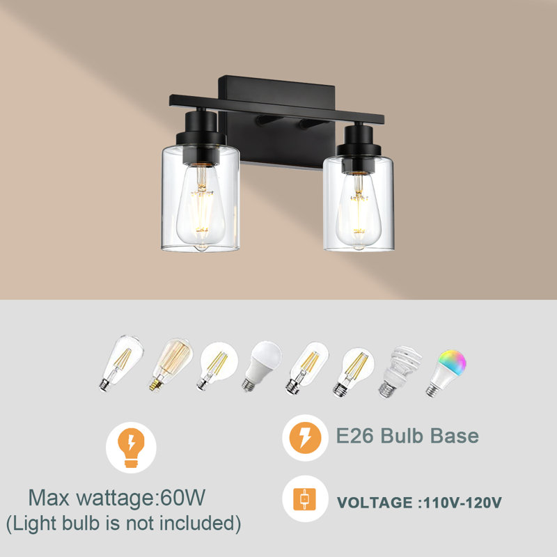2-Light Bathroom Light Fixtures, Matte Black Modern Vanity Lights With Clear Glass Shades, Bathroom Wall Lamp For Mirror Living Room Cabinet Bedroom Porch