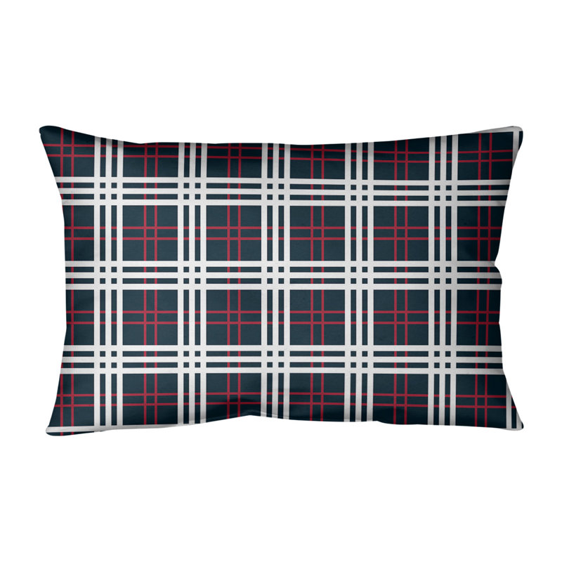 Plaid Leather/Suede Reversible Throw Pillow, Deep Steel Blue/Battle Red/White, Poly Twill