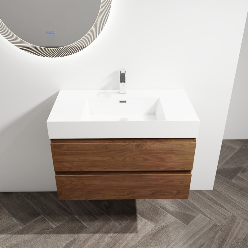 '' Wall-mounted Bathroom Vanity With Resin Sink, Two Soft-close Drawers, Kd Package, Modern Design