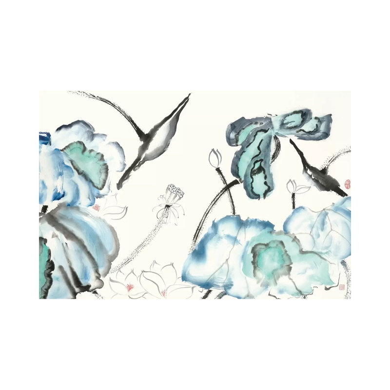 Lotus Study With Blue Green III by Nan Rae - Wrapped Canvas Painting, 152.5 cm H x 101.5 cm W