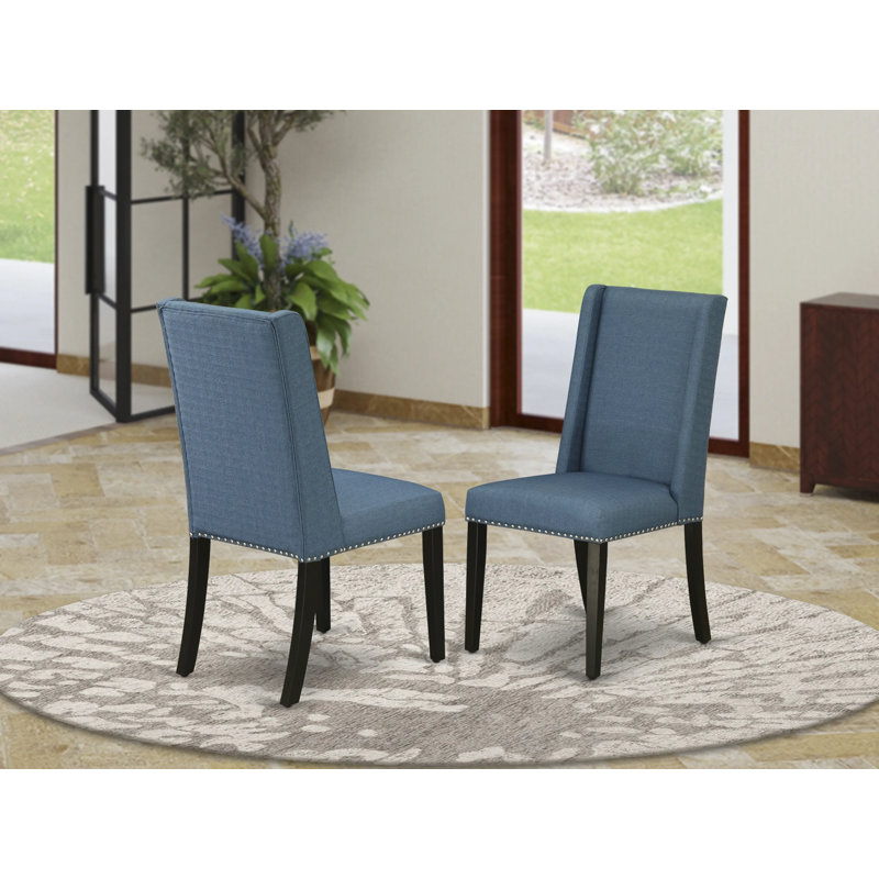 Florence Parson Chairs - Nailhead Trim Blue Linen Fabric Upholstered Dining Chairs, Set of 2, Black, Mineral Blue, Black