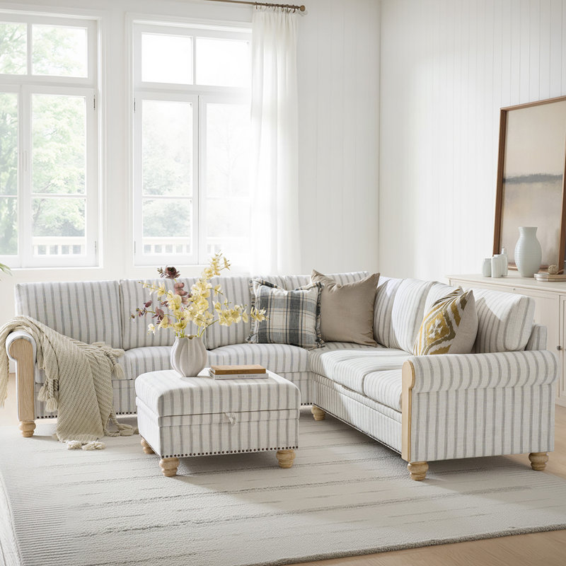 Terren 104" Farmhouse Striped Sectional Sofa with Rolled Arm and Solid Wood Spindle Legs, Beige