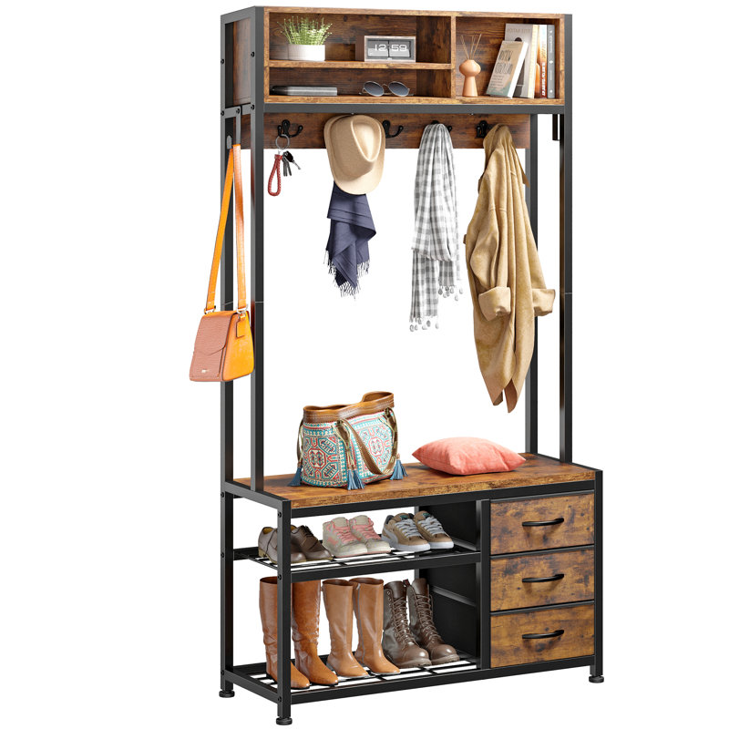 Stephaie 31.5" Wide Coat Rack, 4-in-1 Hall Tree with Bench and Shoe Storage for Entryway with Hooks