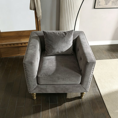 Grey velvet rivet-decorated single-person armchair