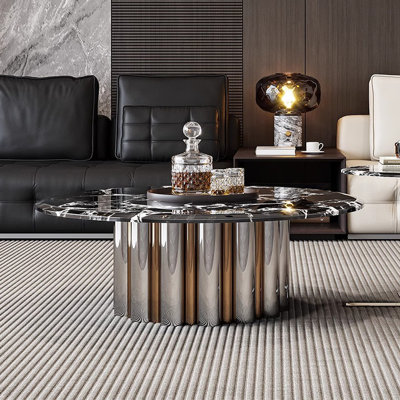 Ensemble de tables basses rondes en faux marbre noir et acier inoxydable