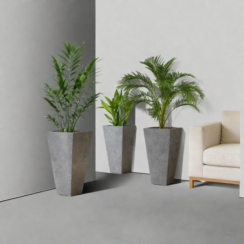 Ensemble de jardinières grises peu encombrantes, en PP durable avec finition en marbre moderne pour l'intérieur et l'extérieur