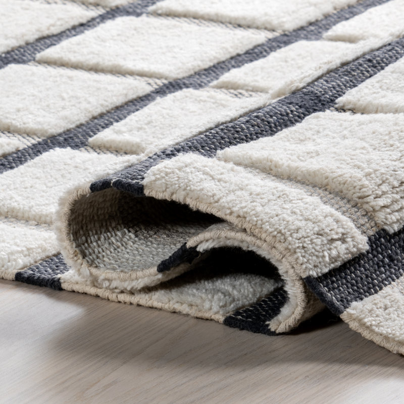 Ivory and Gray Checked Wool Runner Rug, 2' 6" x 8'