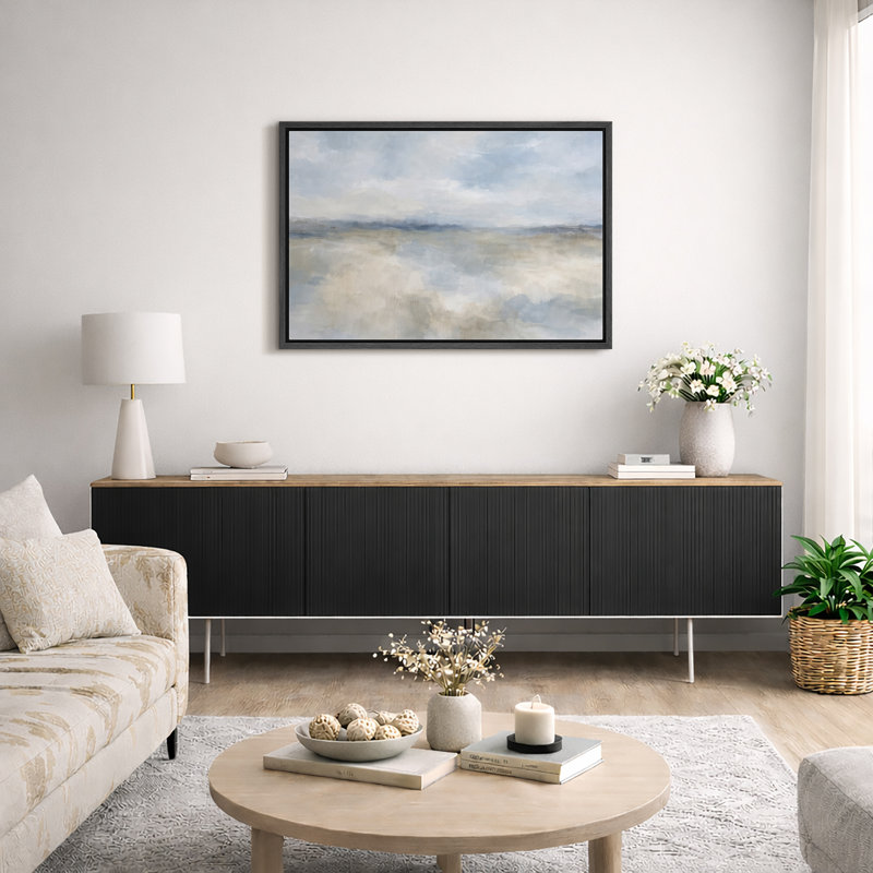 Soft Blue Beige Abstract Sky Landscape Artwork, Minimalist Living Room Pictures, Framed Canvas Giclee Print Wall Art